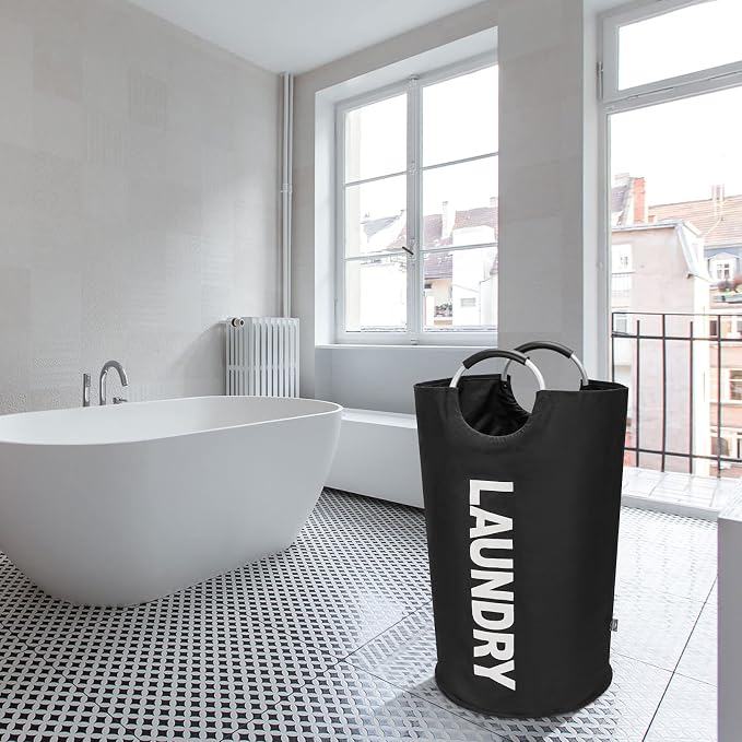 DOKEHOM 90L Large Laundry Basket Bag, Collapsible Tall Hamper, Black | Freestanding tall washing bin & foldable laundry bag. High-capacity clothes storage basket with durable sturdy handles