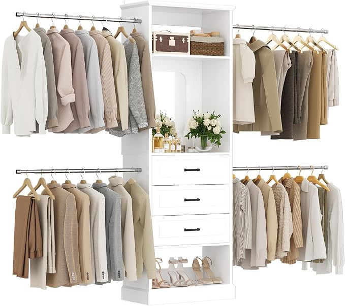 Unikito Closet System, 4FT - 9FT Closet Organizer with Mirror, Luxury Walk in Closet Insert with Drawers and 4 Hanging Rods, Sturdy Wood Wardrobe Closet Garment Rack with 25” Tower, White