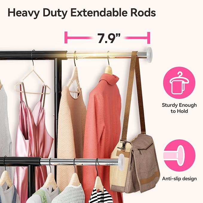 SUFAUY Clothes Rack, Double Rods Rolling Clothing Rack for Hanging Kid Clothes, Portable Garment Rack with Wheels, Coat Rack Wardrobe Closet Load 350 LBS (Black)