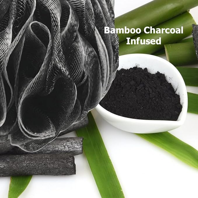 SHOWER BOUQUET Loofah-Charcoal Back-Scrubber & Bath-Sponge Color-Set // 1 Long-Handle-Back-Brush plus 2 Extra Large 75g Soft Mesh Loofa Lufa Loufa Poufs, Men & Women - Exfoliate with Full Pure Cleanse