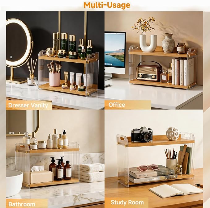 2 Tier Coffee Station Organizer - Acrylic & Pine Wood -15.75" x6.18" x9.37" | Easy-to-Clean coffee bar shelf, Matcha Station for Kitchen Countertops, for Placing Mugs, Coffee Beans, Syrup, Cups etc.