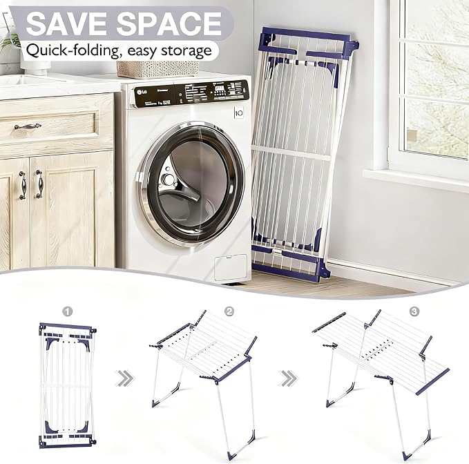 APEXCHASER Clothes Drying Rack, Drying Rack Large Space with 2 Wings | Expandable Design, 4 drying spaces, Spacious Design with 2 Frame Supports, Folds Flat for Storage, Rust-resistant Coating