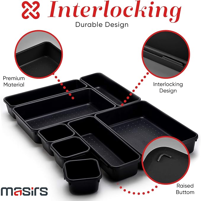 Masirs Interlocking Drawer Organizer Bins 8 Pcs, Desk Drawer Tray Set | Tool Box Organizer Tray, Kitchen Office Garage, Modular Plastic, 3 Sizes (2 Lg 3 Med 3 Sm), Black, Custom Layout