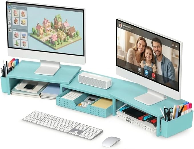 OPNICE Desk Organizers and Accessories, Dual Monitor Stand Riser with Drawer and 2 Pen Holders, Desk Shelf Computer Monitor Stand for Office Workspace Organizers, Desktop Organization (Blue)