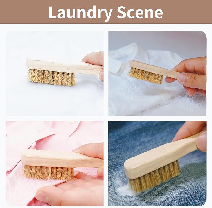 3Pcs Small Wood Laundry Stain Brush Set with Boar Bristles, Stain Remover for Delicates, Cotton, Linens and Shoes, Portable Laundry Scrub Brushes for Fresh Clean Fabric