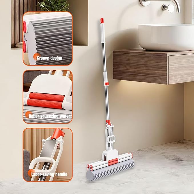 Sponge Mop 14.96-Inch PVA Mop Thickened Stainless Steel Mops for Floor Cleaning with an Extra Head Suitable for Tiles Floors Bathrooms and Home Use
