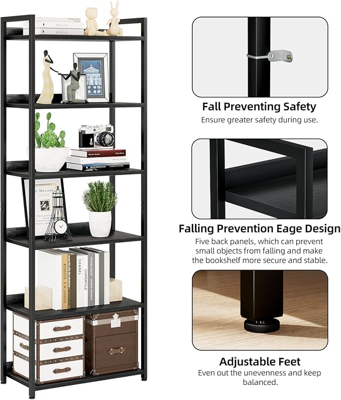 NUMENN Bookshelf, 6 Tier Freestanding Shelving Unit, Black | Metal Frame & Wood Shelves, Falling Prevention Baffle, Open Storage Bookcase for Bedroom, Living Room & Home Office