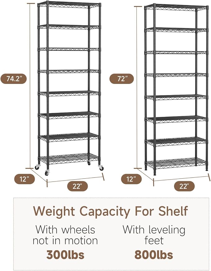 Golpart 8Tier Adjustable Storage Shelves Metal Wire Shelving Standing Shelf | Utility Heavy Duty Unit Rack Closet Organize for Home Kitchen Laundry Room Organization Pantry 12"Dx22"Wx72"H Black