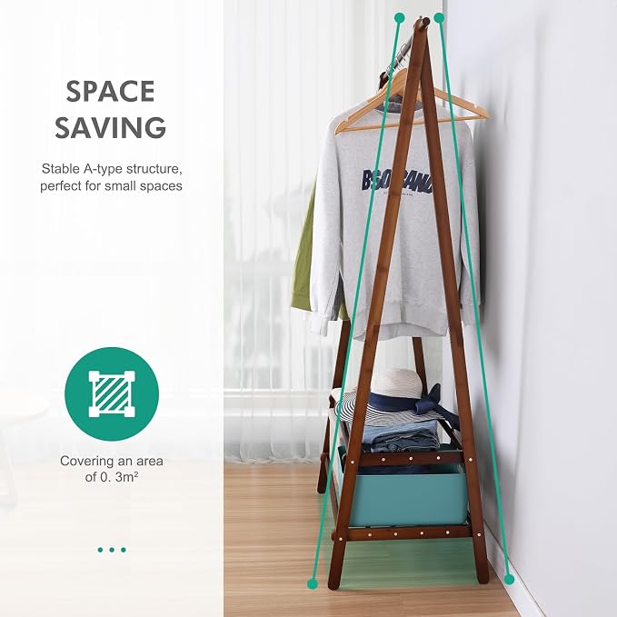 Jotsport Bamboo Clothing Rack with 2 Tier Storage Shelf, Foldable Design | Portable Clothes Hanging Stand Space-Saving Garment Rack for Laundry, Guest Room, Apartment, Entryway