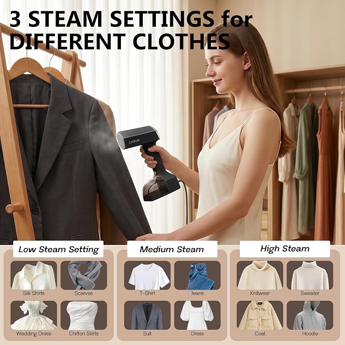 Cadrim Steamer for Clothes,Portable Handheld Fabric and Garment Steamer Iron Press Wrinkle Remover with Lint Remover & Fabric Brush – Black