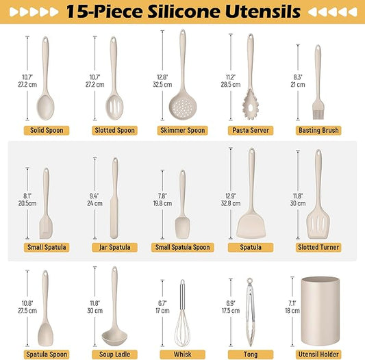 15-Piece Kitchen Cooking Utensils Set with Holder, Homikit Heat Resistant Food Grade Silicone Kitchen Utensils include Slotted Spatula Ladle Turner for Nonstick Cookware, Dishwasher Safe- Khaki