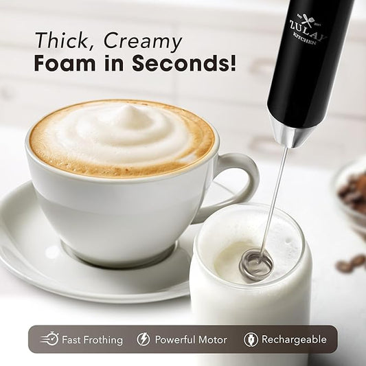 Zulay Kitchen Rechargeable Milk Frother Handheld - Lux 4 Whisks, Powerful 2-Speed Motor, Waterproof, 2000mAh Battery - Drink Mixer for Latte, Cappuccino, Matcha & Protein Powder - Jet Black