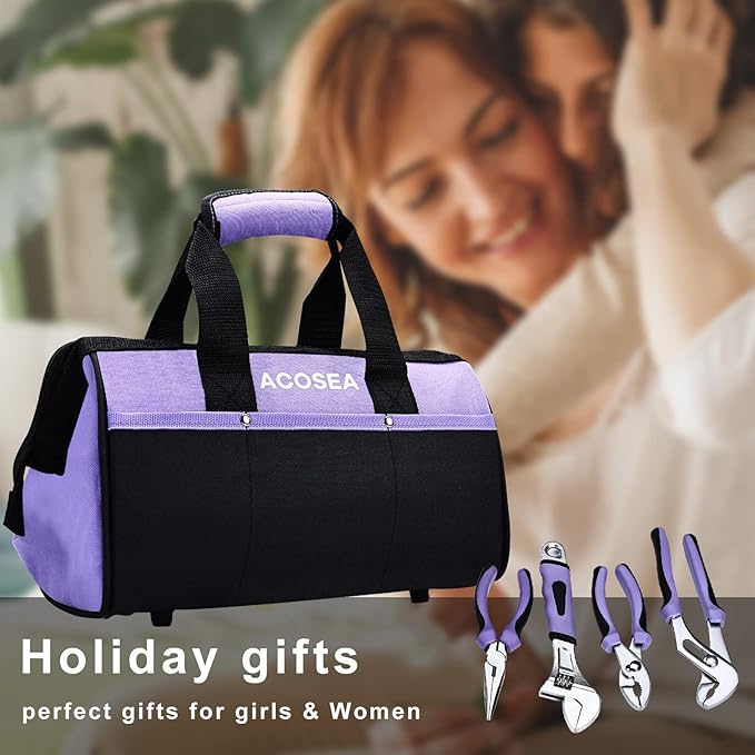 ACOSEA Purple Tool Set,223-Piece Tool Sets for Women,Tool Kit with 13-Inch Wide Mouth Open Purple Tool Bag,The Basic Tool Set is Perfect for Home Maintenance (PURPLE)