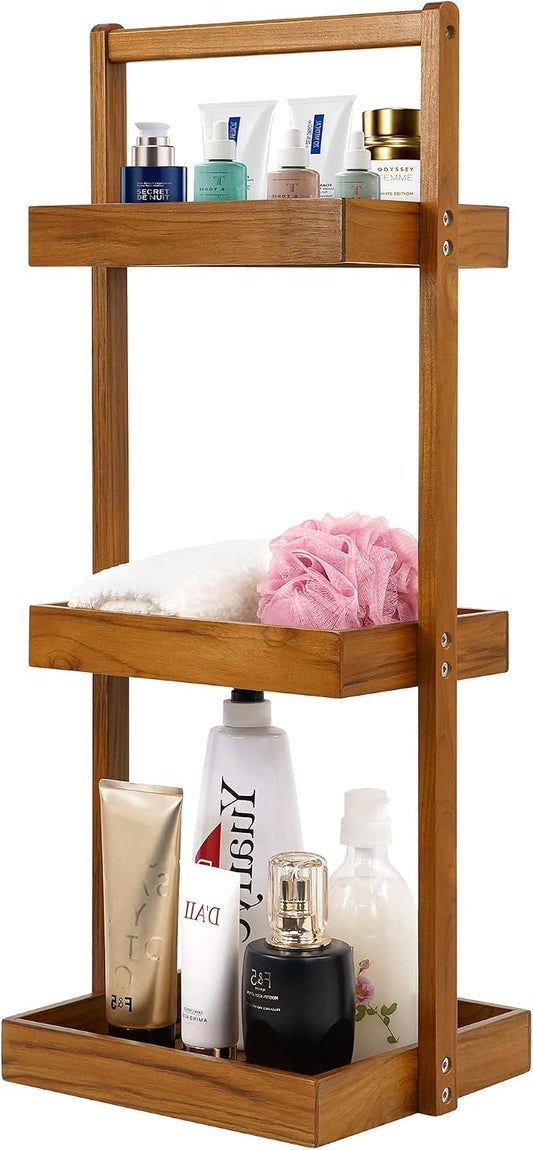 Utoplike Teak Shower Caddy Shelf, Freestanding Racks for Bathroom Corner | Standing Shower Organizer, Wooden Storage for Inside Shower, Bath, Office, Stand Up 3 Tier Kitchen Desktop Organization