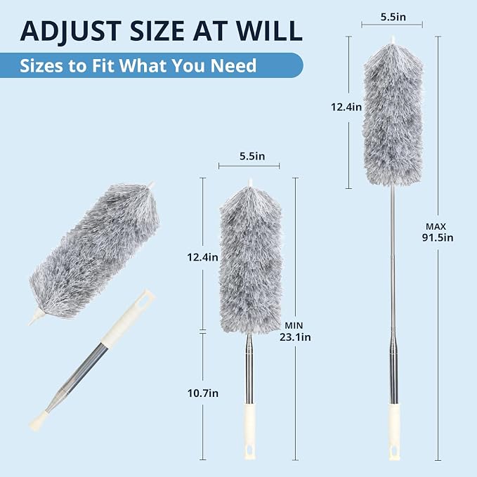 ZZ LAZYCOTTAGE Duster with Extension Pole & Flexible Head, Gray Feather Duster, Long Ddusters for Cleaning for High Ceilings, Walls, Fans, Cobweb and Furniture