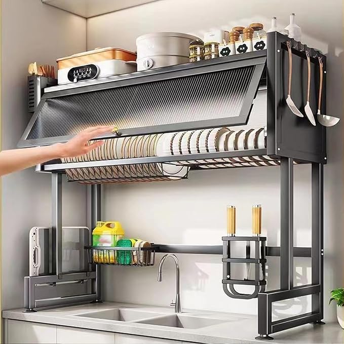 Over The Sink Dish Drying Rack, Over Sink Dish Drain Drying Rack for Kitchen Storage of Dishes and Cutlery, Space Saving Dish Rack with Cover, (Black, 33.5 inch)