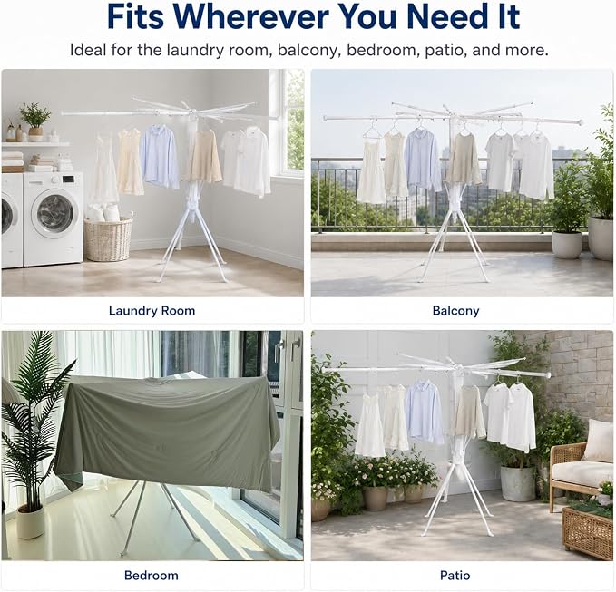 Clothes Drying Rack Foldable, 4-Legged Drying Rack Clothing Floor Standing Laundry Drying Rack Collapsible Drying Racks with Sock Clips & Shoe Holders for Indoor and Outdoor Balcony Bedroom Apartment