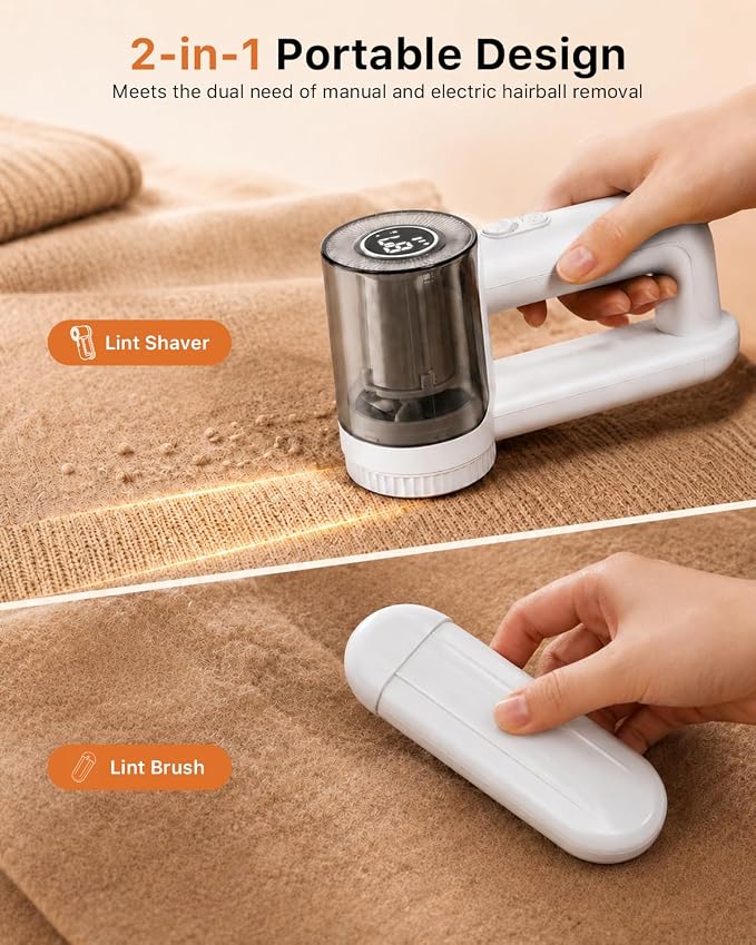Fabric Shaver Rechargeable, 9500RPM Electric Lint Remover with 3× Stainless Steel 6-Blade Heads, 3-Speed Adjustable for Clothes, Furniture, Sofa, Blanket, LED Display, 2-in-1 Lint Brush Included