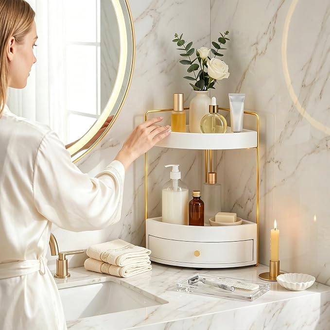 AceOrbit 2-Tier Corner Bathroom Counter Organizer with Drawer, Wood Vanity Countertop Shelf for Skincare, Makeup, Perfume and Toiletry Storage, Space-Saving Bathroom Sink Organizer, White and Gold