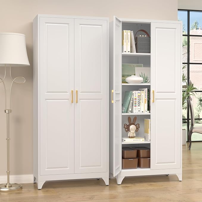 SteeLoong 75”Metal Pantry Storage Cabinet with Doors & 4 Adjustable Shelves | Kitchen Pantry Cabinet,White Kitchen Cabinet with 2 Gold Handles,Tall Cabinet for Livingroom,Pantry, Bathroom,Kitchen,Garage