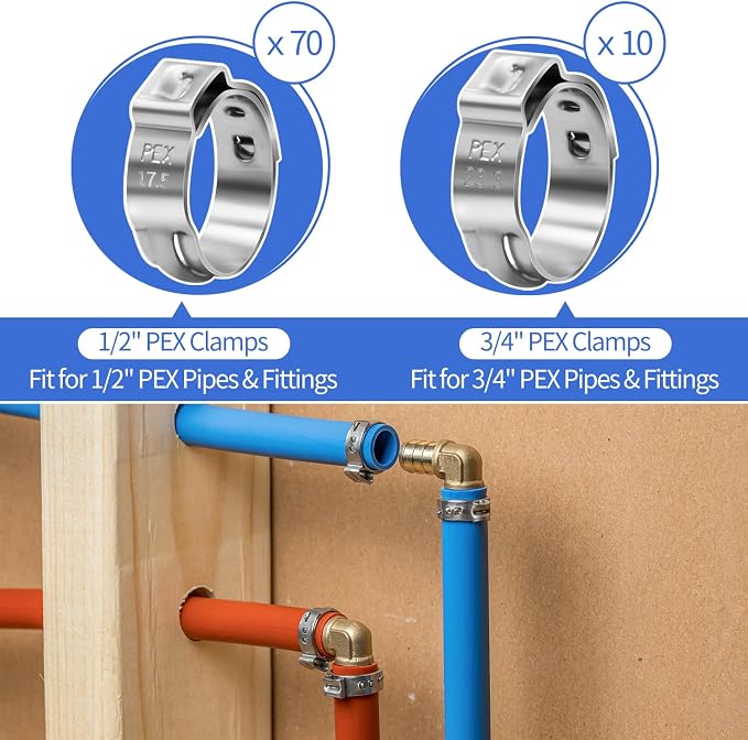 PEX Cinch Clamp Tool Kit, 3/8" to 1" PEX Pipe Clamp Cinch Tool Set | with 30 pcs 1/2" Brass PEX Fittings Combo, 1pcs Pipe Cutter, 70 pcs 1/2" PEX Cinch Clamps, 10pcs 3/4" PEX Cinch Clamps