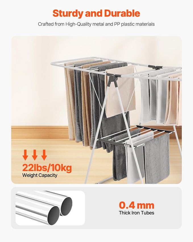 VEVOR Clothes Drying Rack, 2-Tier Foldable Laundry Dryer Rack with Sock Clips & 21 Drying Rods, Metal Height Adjustable Drying Racks for Outdoor & Indoor, Free-Standing & Space-Saving Hanger, White