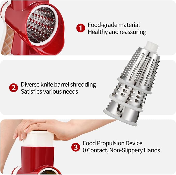 Rotary Cheese Grater Manual Hand Crank 3-in-1 Vegetable Shredder | Finger-safe design, stainless steel drums, suction base. Perfect for cheese, vegetables, nuts & chocolate. Easy to clean