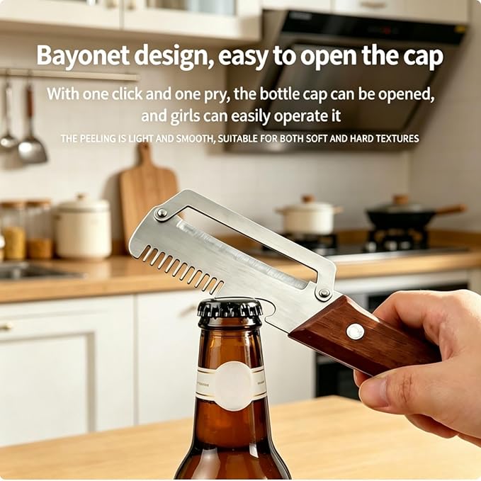 2-Pack Multifunctional Vegetable Peeler, 3 in 1 Kitchen Peeler with Wooden Handle, Grater & Bottle Opener for Potato, Carrot, Apple, Fruit & Vegetable