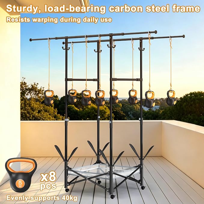 Portable Foldable Clothes Drying Rack - Adjustable Double Extendable Rods (33.1” to 56.7”) -Portable Coat Rack for Travel, Camping, Drying, RV, Indoor, Outdoor, Easy Assemble (Black)