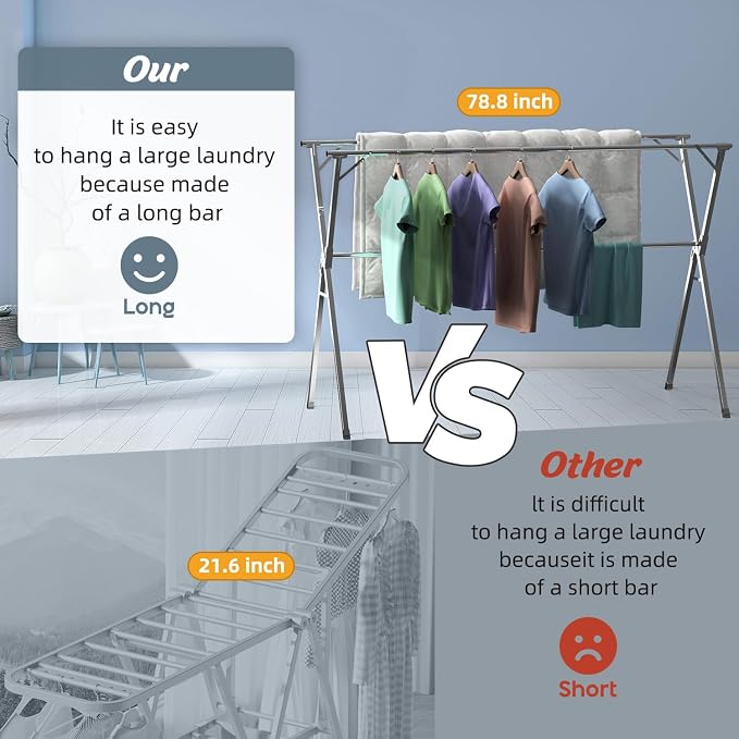 95" Clothes Drying Rack,Laundry Drying Rack Clothing for Indoor Outdoor | Adjustable Heavy Duty Stainless Steel Drying Rack, Foldable Portable Large Clothes Rack Garment Rack with 20 Windproof Hooks