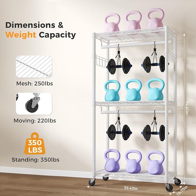 NEWBULIG Heavy Duty Clothing Rack with Wheels, 3-Tier Adjustable Wire Garment Rack, Metal Freestanding Closet Organizer System with Double Hanging Rods & 8 Side Hooks, 35" x 15" x 75", White