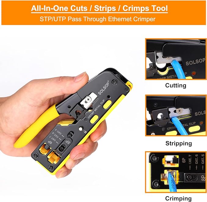 Solsop Pass Through RJ45 Crimp Tool Kit All-in-One Ethernet Crimper | Cat7 Cat6 Cat5 Crimping Tool with Network Cable Tester, 50-Pack Cat6 RJ45 Pass Through Connector, 50-Pack Connector Boots