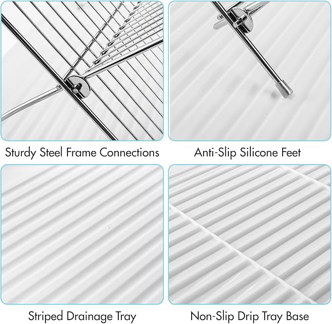 Youeon Foldable Dish Drying Rack with Drip Tray, Stainless Steel 2 Tier Dish Drainer Rack, Collapsible Dish Drainer, Folding Dish Rack for Kitchen Sink, Countertop, Cutlery, Plates, Dishes