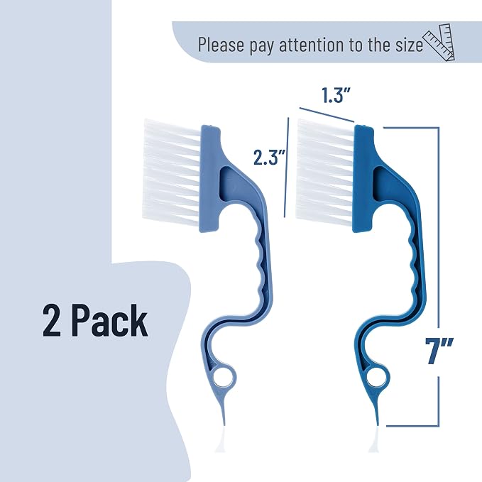 Slick- Window Track Cleaning Brush, 2 Pack, Blue Ergonomic Handle | Built-in Scraper, Multipurpose Window Track Cleaning Tool for Sliding Doors, Windows, Corners, Dust, Dirt & Narrow Gaps