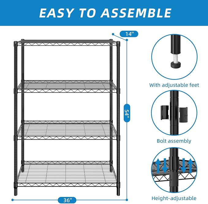 Guan River 4-Shelf Adjustable Metal Wire Shelving,Black,36"L x 14"W x 54"H | Height Adjustable,Sturdy and Durable,Storage Sehlf Display Rack for Office,Kitchen,Bedroom,Bathroom,Garage