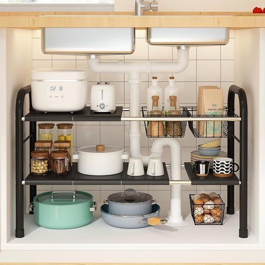 Expandable Under Sink Organizer, 2 Tier Under Sink Shelf with 2 Removable Baskets and 6 Removable Panels for Cabinet Sink Cloakroom Wardrobe Closet Storage(Black, 17.71”-32”Length