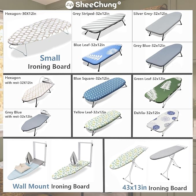SheeChung Small Ironing Board 12"x32" Foldable Ironing Board with Cotton Cover and Pad,Tabletop Compact Ironing Broad with Retractable Hook & Skidproof Feet for Small Spaces Laundry Room,Grey Striped