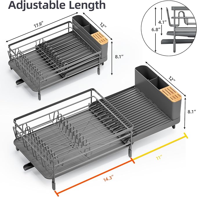 Urackify Large Dish Drying Rack, Expandable Dish Racks for Kitchen Counter, Multifunctional Dish Drainer with Utensil Holder & Cup Holder, 18.5"-26.7" L x 12.7" W, Gray