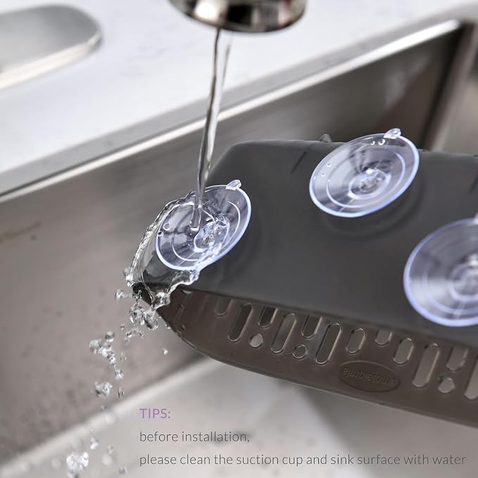 simpletome Sink Caddy Basket, Sinkware Organizer, 3X Strong Suction Cups Or Countertop (Translucent Grey) | include 3 suction cups and 1 adhesive backing | make kitchen sink tidy | kitchen essentials | can be placed upright counter