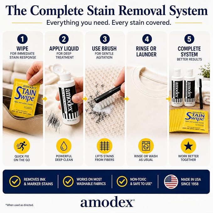 Amodex Ink & Stain Remover Arsenal, Safe and Effective on Clothes, Leather and Skin, Full Set for all your Stain Removal Needs, Includes 2 Bottles, 1 Brush, 10 Wipes