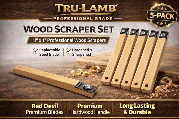 Tru-Lamb Floor Scrapers, 5 Pack, Paint, Stain & Varnish Removal Tools with Red Devil Blades, Professional Scrapers for Surface Prep and Finish Removal (5 Pack, 11" x 1")