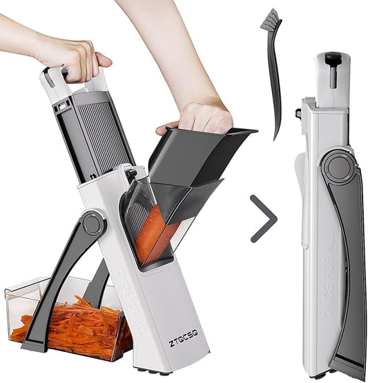 [All in 1] Upgraded Version Safe Mandoline Slicer for Kitchen, Adjustable Thickness. Veggie Slicer, Rapid Prep Mandoline, Detachable Blade, Cleaning Brush (WhiteBlack)