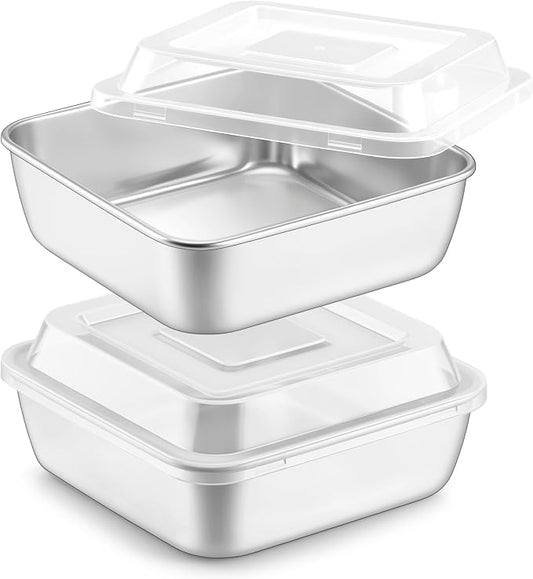 LIANYU 6 x 6 Inch Square Cake Pans with Lids, 2 Inch Deep Stainless Steel Lasagna Brownie Pan, Healthy Non-Toxic Bakeware, Dishwasher Safe (2 Pan +2 Lid)