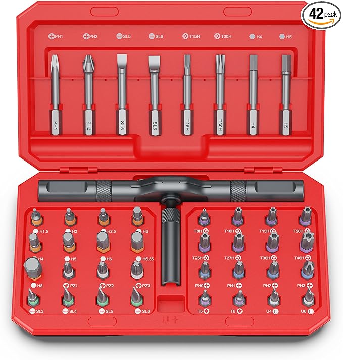 42 in 1 Magnetic Screwdriver Set, DIY Ratchet Screwdriver Set, Multi Bit Magnetic Drive Set with Detachable Ratchet Handle, Portable Compact Repair Tool Kit for Furniture Computer Bicycle Red