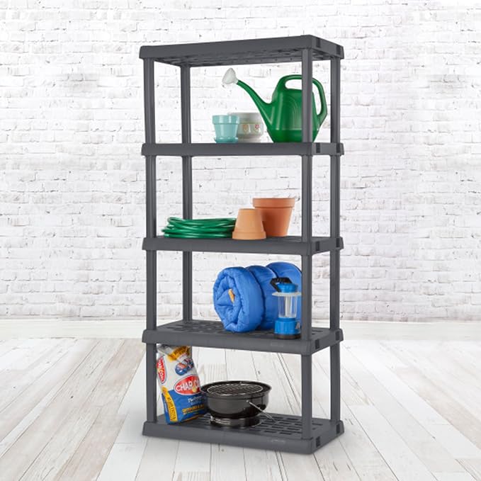 Sterilite 5 Shelf Unit, Heavy-Duty Plastic Utility Storage Rack, 2-Pack | Freestanding Shelving Organizer with 150 lb Capacity Per Shelf for Kitchen, Bathroom, Garage, Basement, Pantry & Laundry Room