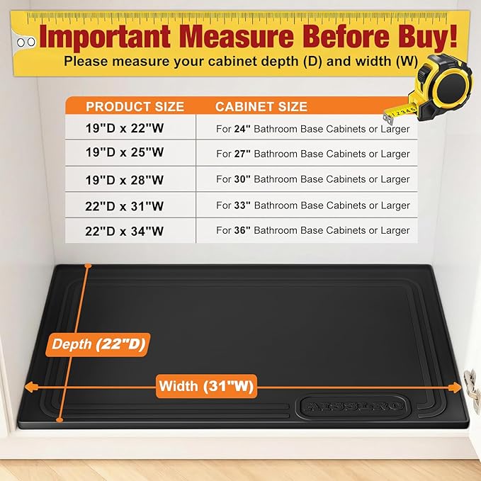 Aisslro Under Sink Mat 31" X 22", Waterproof Silicone Under Sink Mats for Kitchen, Anti-Leak Shelf Liner & Cabinet Protector with Raised Edge, [BPA Free] Bathroom Tray Home Organizer, Black