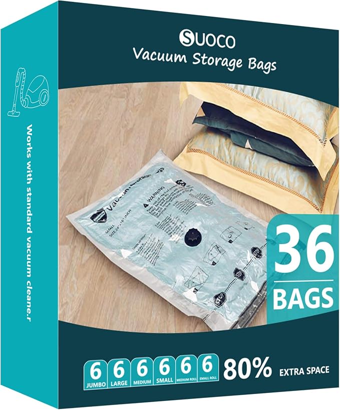 Vacuum Storage Bags, Compression Packing Space Saver Seal Bags for Clothing Bedding Comforters Blankets Pillows, 36 Combo