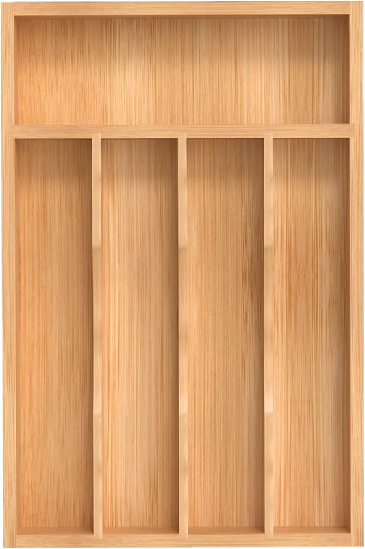 Silverware Organizer, Bamboo Kitchen Drawer Organizer, Utensil Holder, Cutlery Tray & Spoon Flatware Storage with Grooved Drawer Dividers (8.5''W x 13''D)
