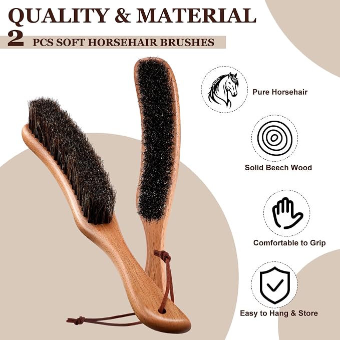 2 Pcs Lint Brushes for Clothes with 100% Soft Horse Hair Bristle Beech Wood Handle Natural Reusable Garment Brush Lint Remover for Hat Wool Coats Suits Hat Velvet Furniture Pet Hair Shoe