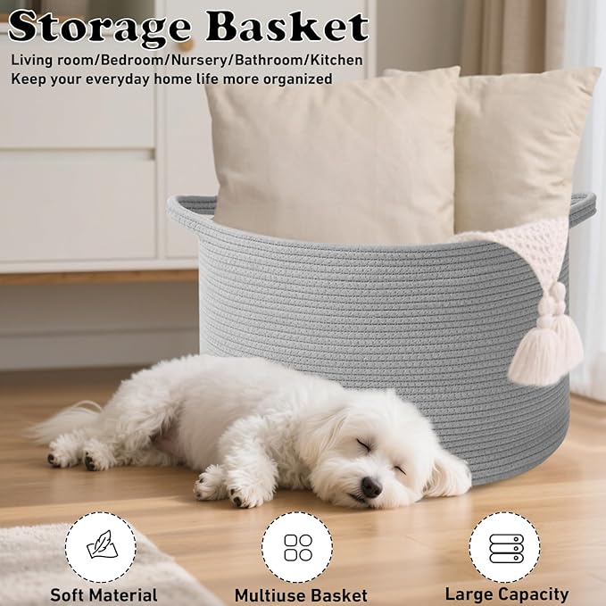 65L Large Blanket Basket,Cotton Rope Woven Storage Basket with Handles, Laundry Hamper for Toys, Clothes, Pillows & Towels, Perfect for Living Room, Nursery & Bedroom,Light Gry